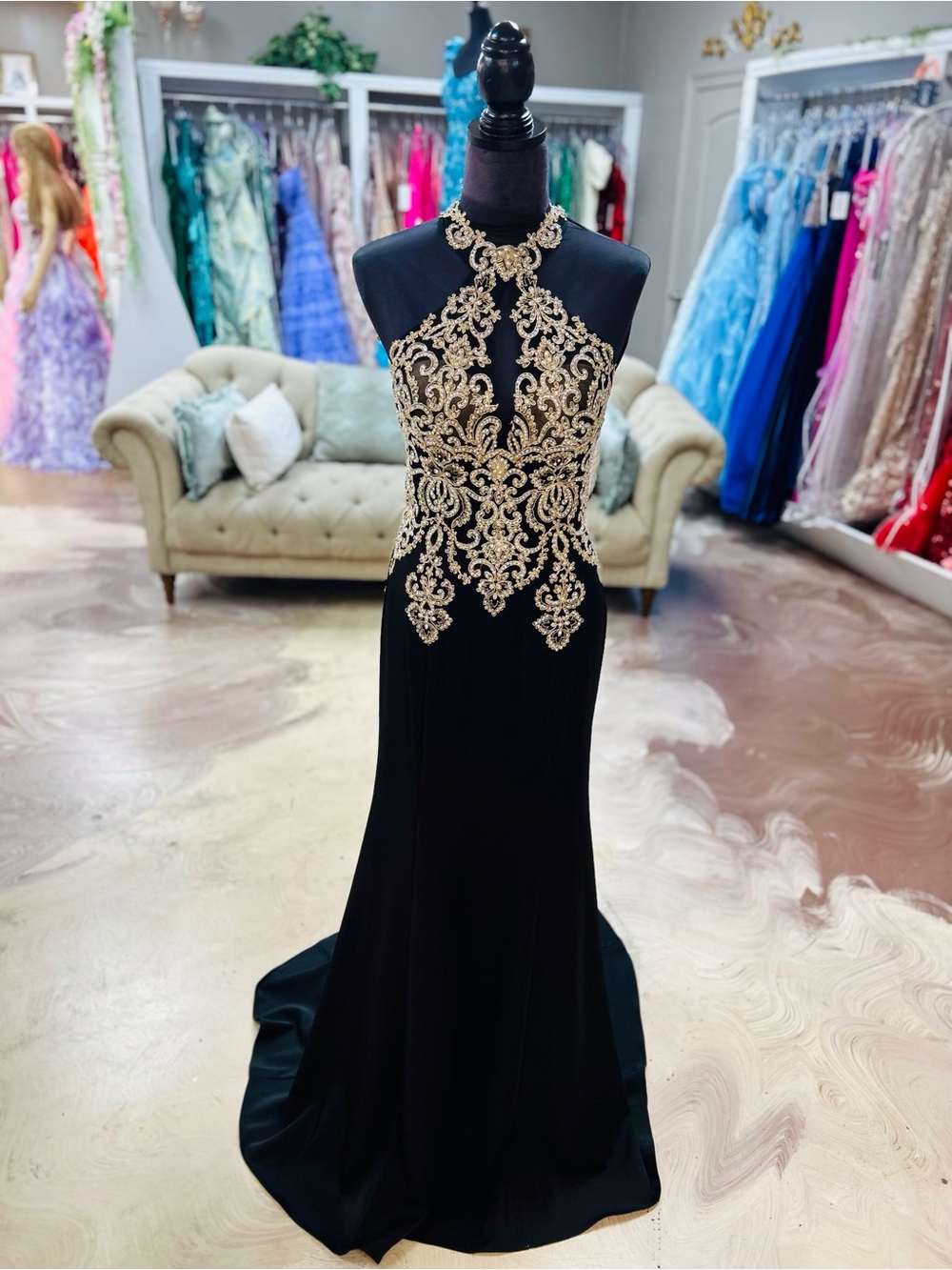 Jovani Black Prom Gown with Gold Appliqué Halter